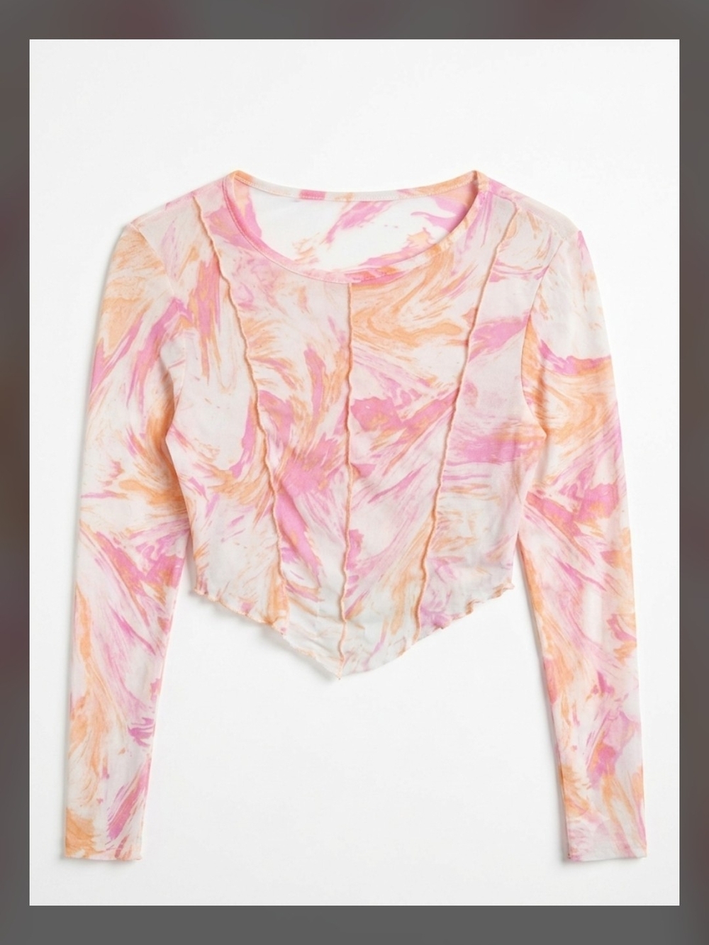 Adorable Y2K Women's Pink & Peach Marble Long-Sleeve Crop Top.